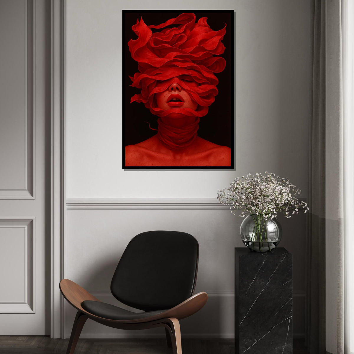 Red Veil Woman Canvas, Abstract Portrait Art, Bold Red Wall Print, Mysterious Face Art, Wall Art Canvas Design, Ready To Hang Decor
