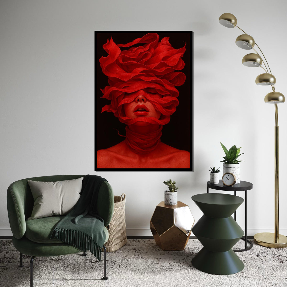 Red Veil Woman Canvas, Abstract Portrait Art, Bold Red Wall Print, Mysterious Face Art, Wall Art Canvas Design, Ready To Hang Decor