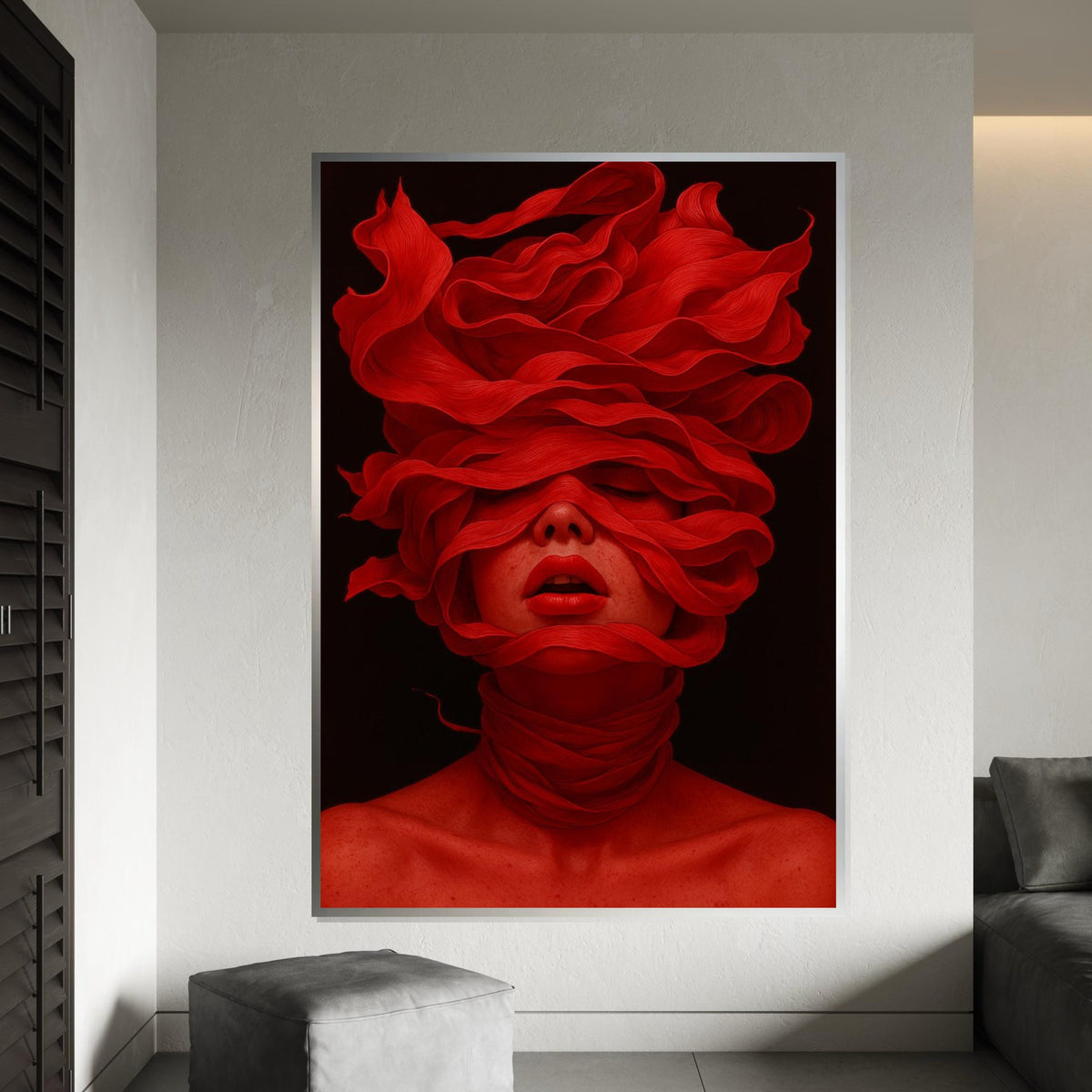 Red Veil Woman Canvas, Abstract Portrait Art, Bold Red Wall Print, Mysterious Face Art, Wall Art Canvas Design, Ready To Hang Decor