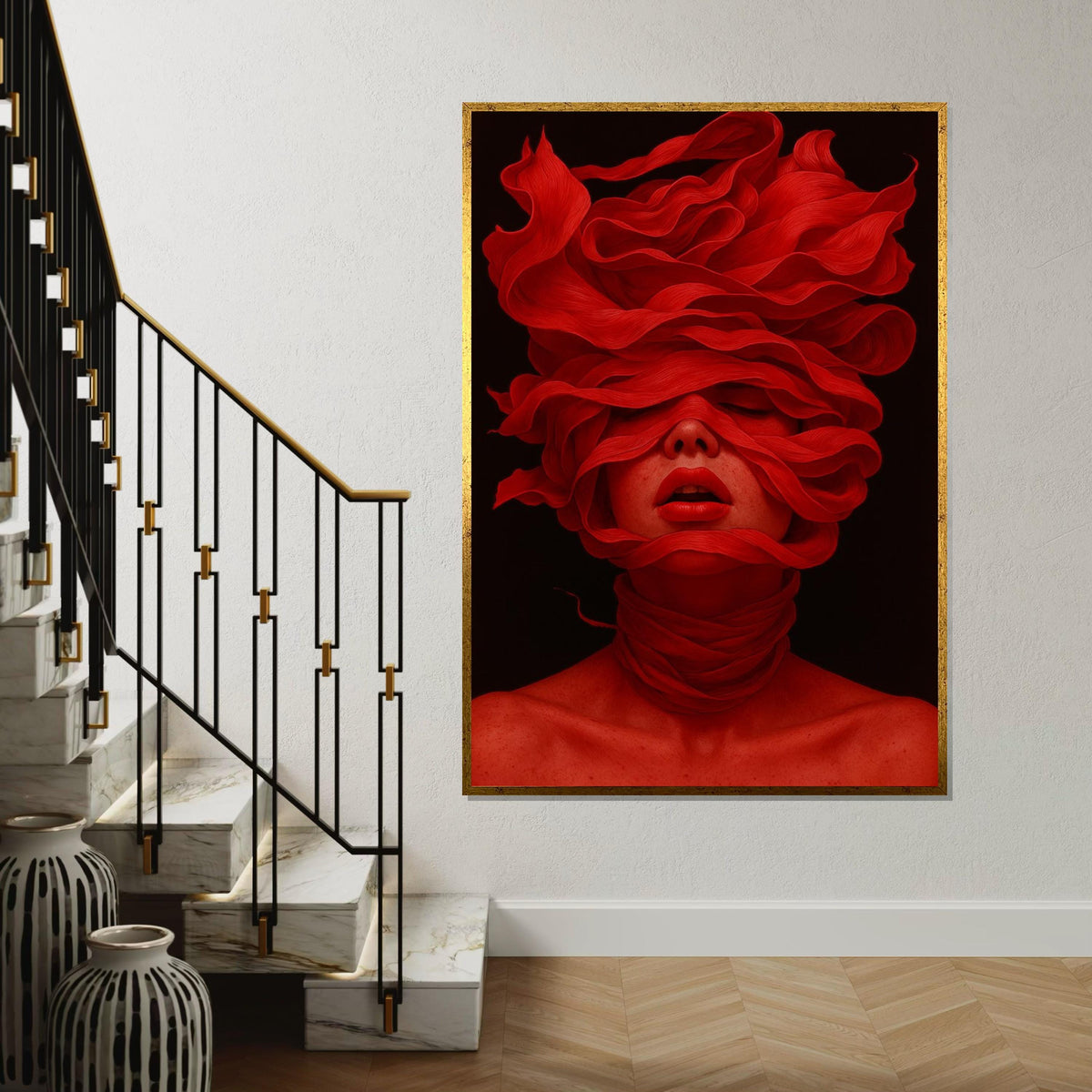 Red Veil Woman Canvas, Abstract Portrait Art, Bold Red Wall Print, Mysterious Face Art, Wall Art Canvas Design, Ready To Hang Decor