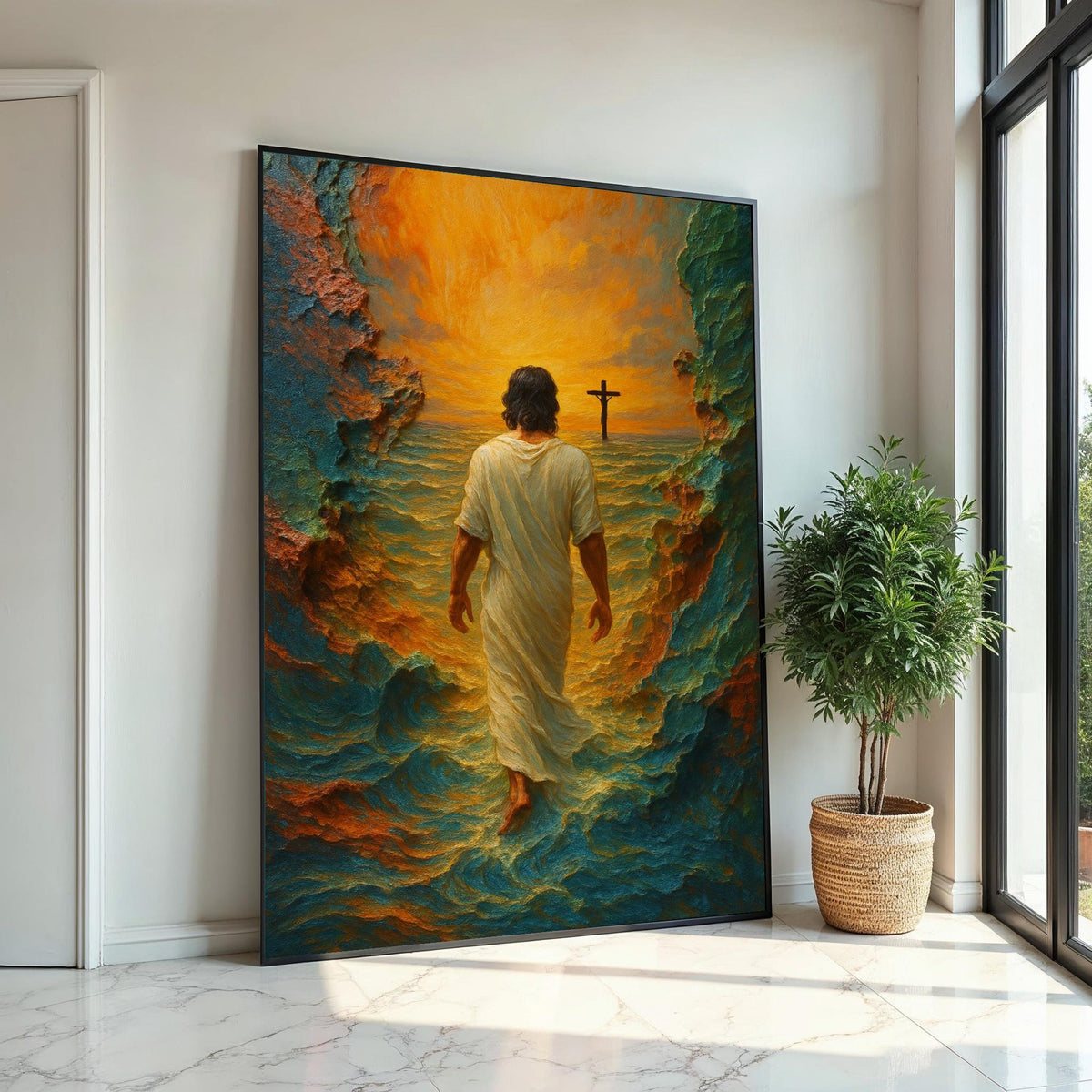 Walking on Water Canvas, Spiritual Art, Cross Sunset, Wall Art Canvas Design, Ready to Hang Decoration, Christian Home Decor