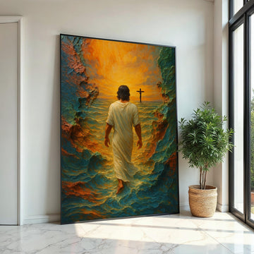 Walking on Water Canvas, Spiritual Art, Cross Sunset, Wall Art Canvas Design, Ready to Hang Decoration, Christian Home Decor