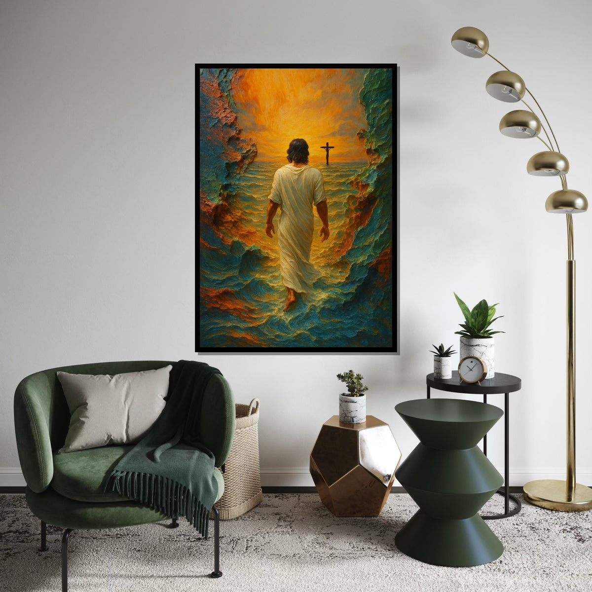 Walking on Water Canvas, Spiritual Art, Cross Sunset, Wall Art Canvas Design, Ready to Hang Decoration, Christian Home Decor