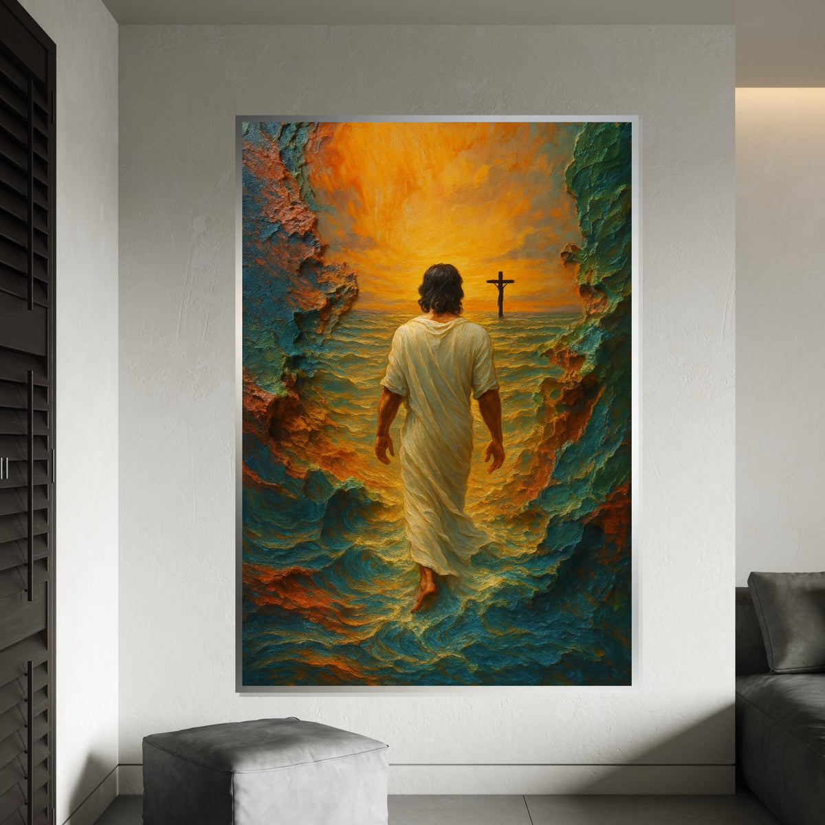 Walking on Water Canvas, Spiritual Art, Cross Sunset, Wall Art Canvas Design, Ready to Hang Decoration, Christian Home Decor