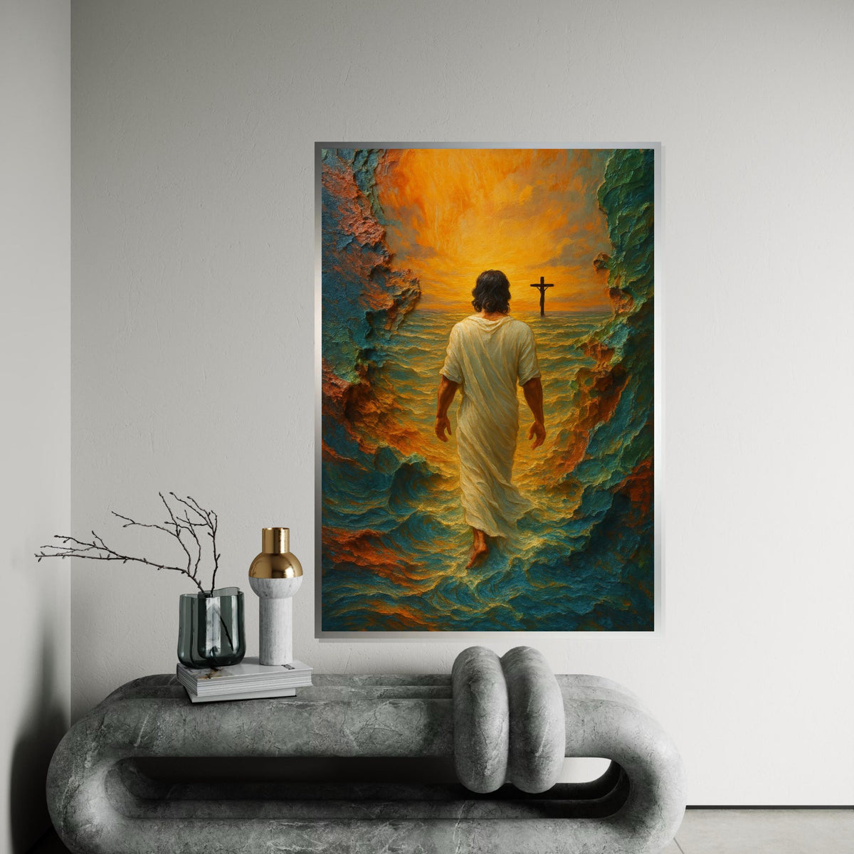 Walking on Water Canvas, Spiritual Art, Cross Sunset, Wall Art Canvas Design, Ready to Hang Decoration, Christian Home Decor