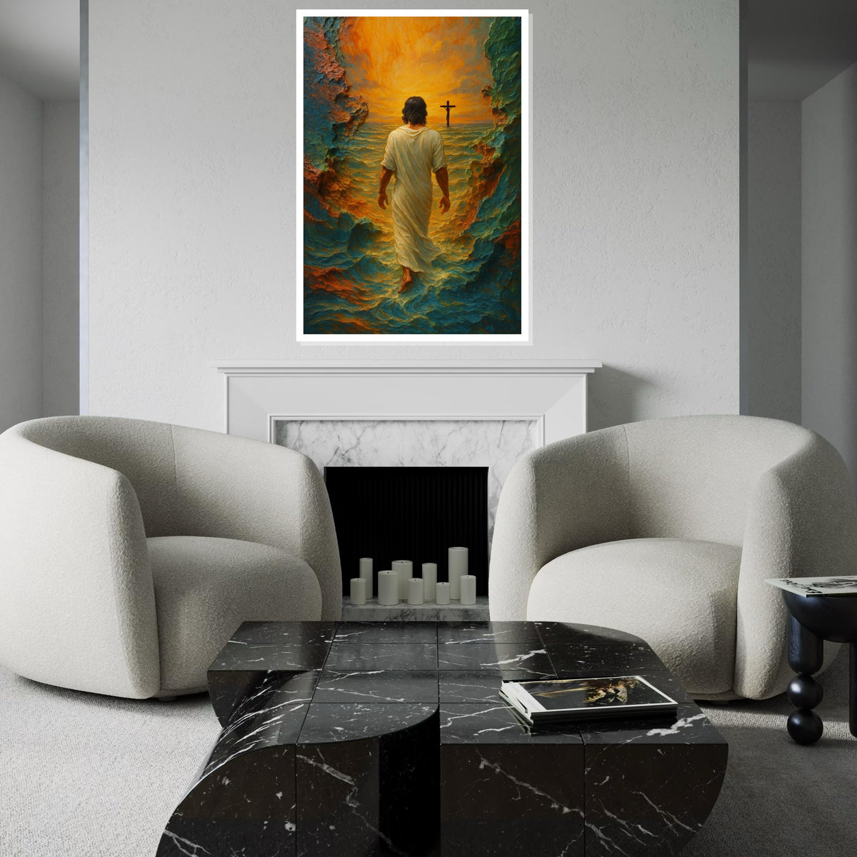 Walking on Water Canvas, Spiritual Art, Cross Sunset, Wall Art Canvas Design, Ready to Hang Decoration, Christian Home Decor