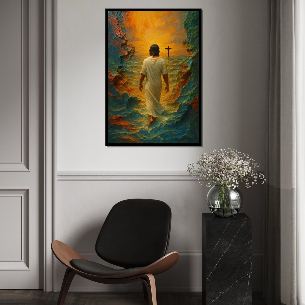 Walking on Water Canvas, Spiritual Art, Cross Sunset, Wall Art Canvas Design, Ready to Hang Decoration, Christian Home Decor