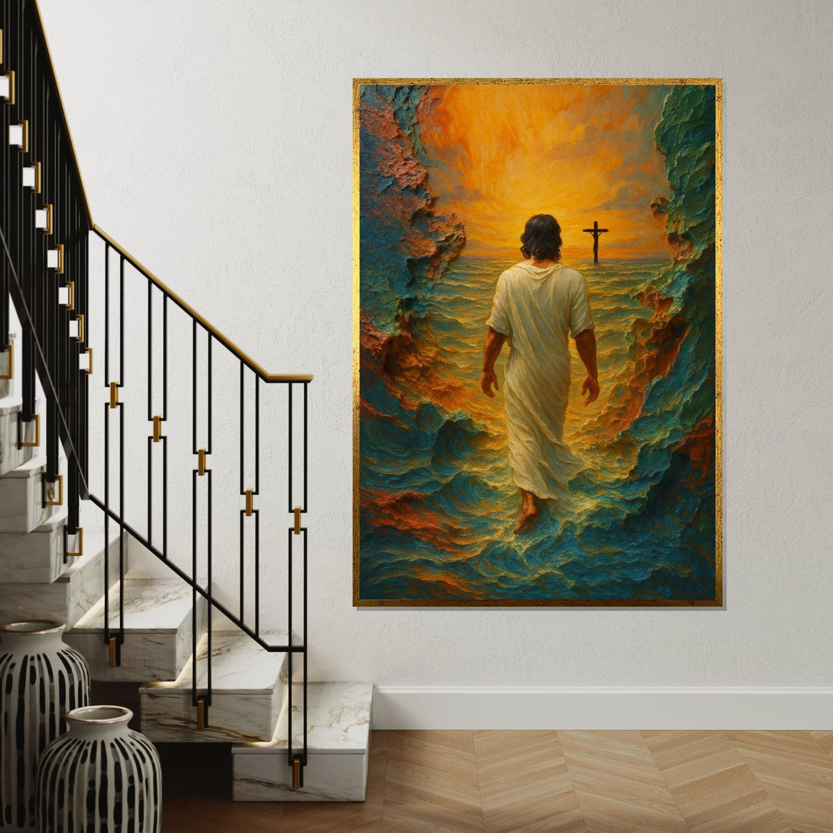 Walking on Water Canvas, Spiritual Art, Cross Sunset, Wall Art Canvas Design, Ready to Hang Decoration, Christian Home Decor