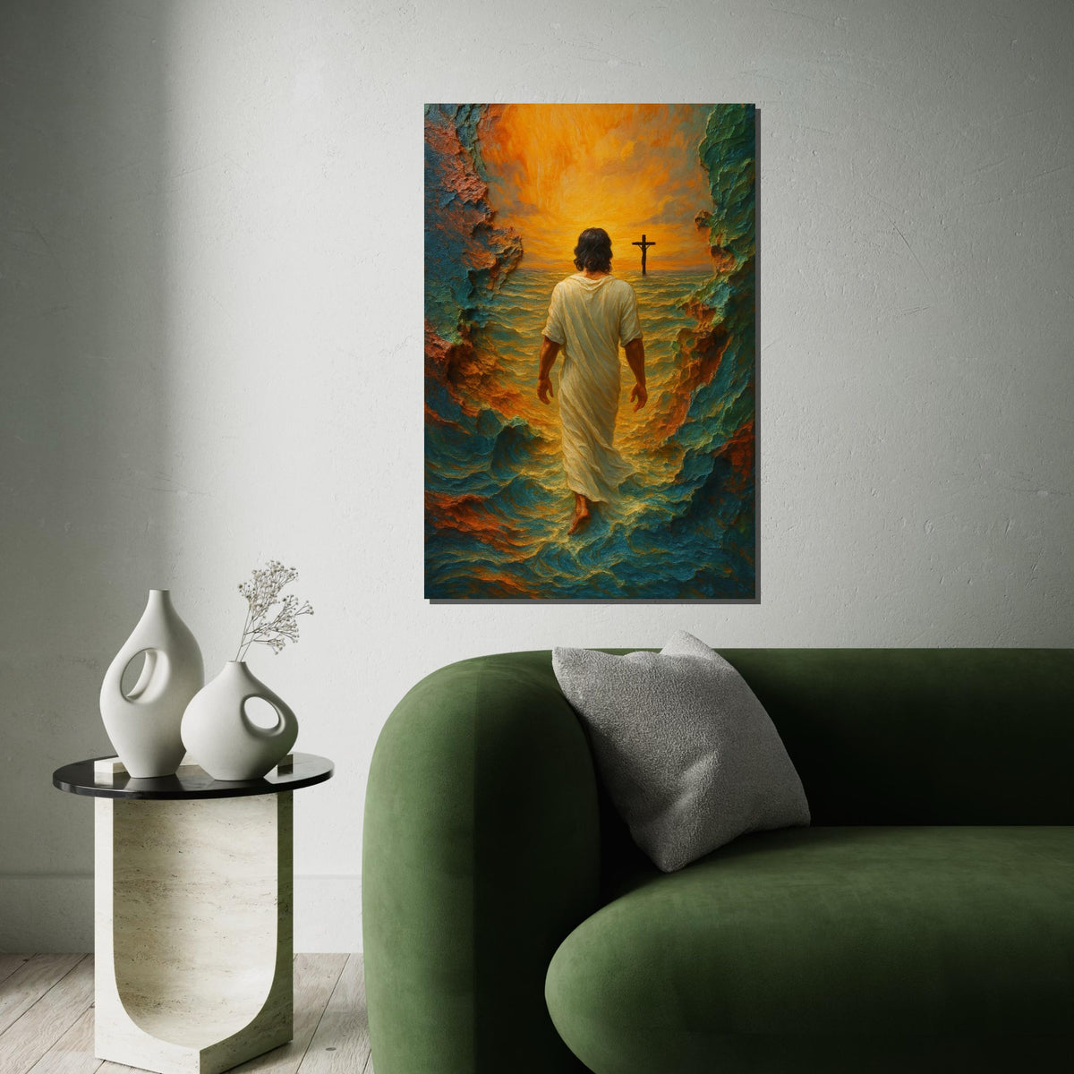 Walking on Water Canvas, Spiritual Art, Cross Sunset, Wall Art Canvas Design, Ready to Hang Decoration, Christian Home Decor