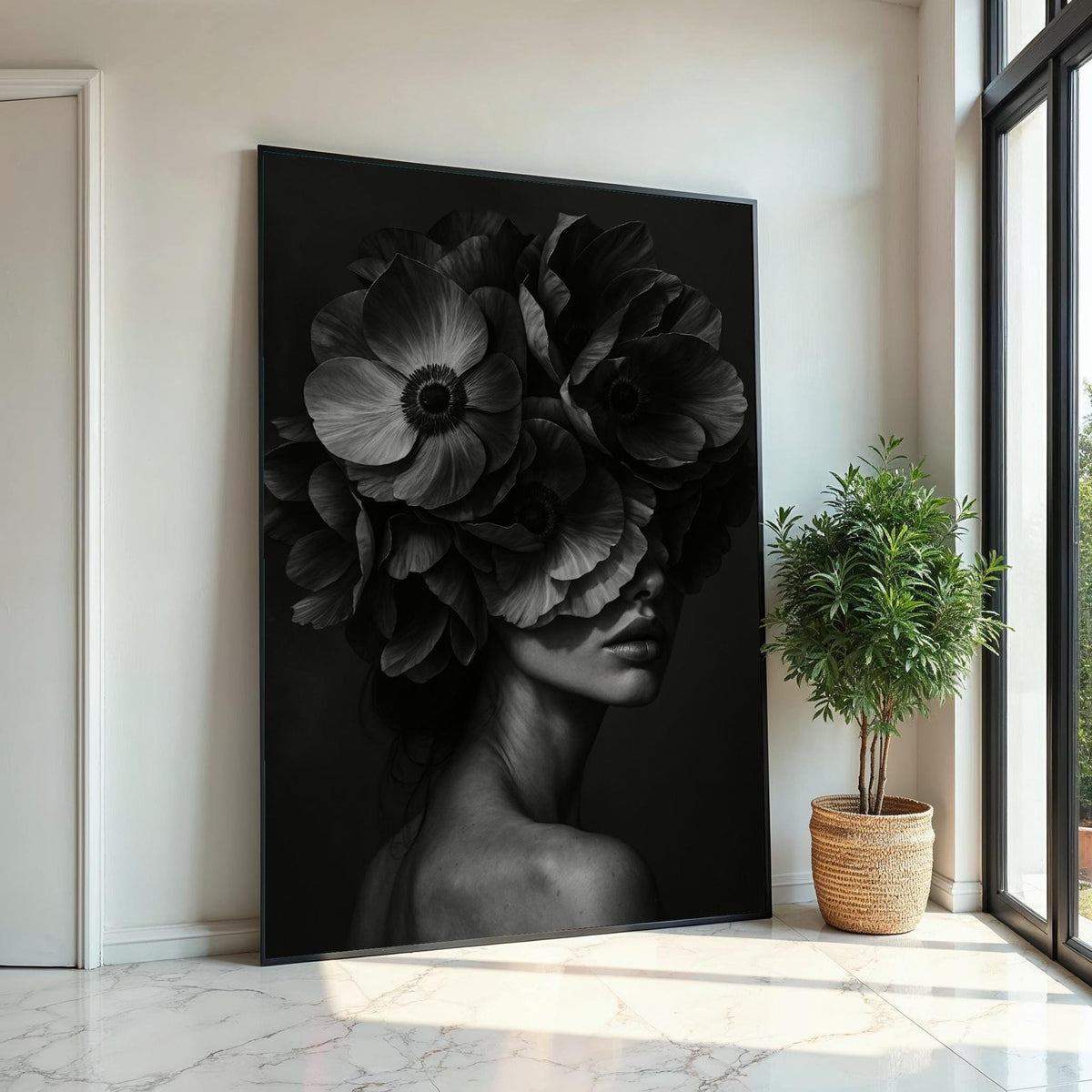 Floral Elegance Canvas, Woman with Flowers Art, Monochrome Floral Wall Art, Canvas Design, Ready To Hang Decoration