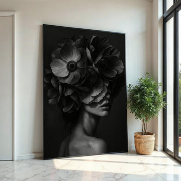 Floral Elegance Canvas, Woman with Flowers Art, Monochrome Floral Wall Art, Canvas Design, Ready To Hang Decoration