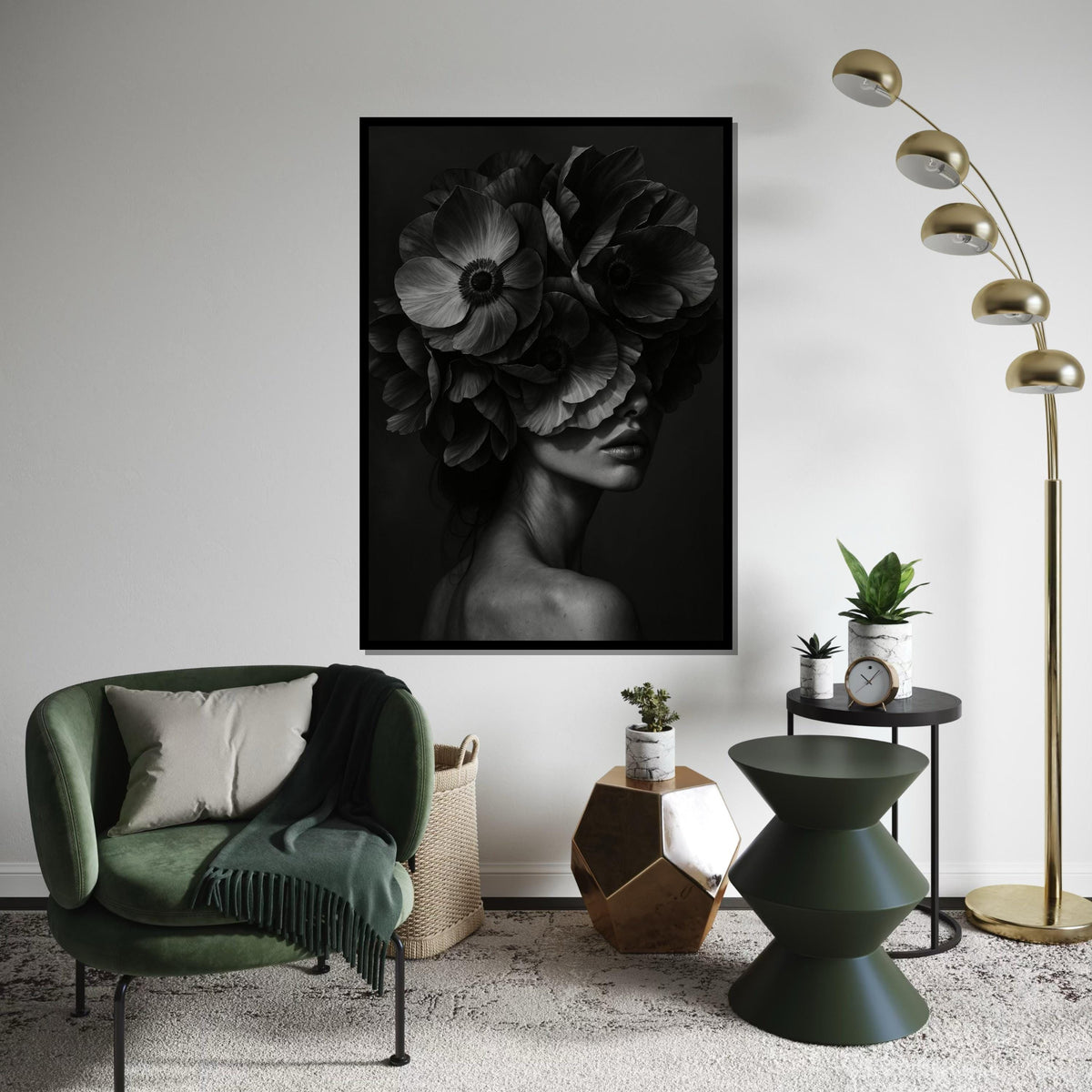 Floral Elegance Canvas, Woman with Flowers Art, Monochrome Floral Wall Art, Canvas Design, Ready To Hang Decoration