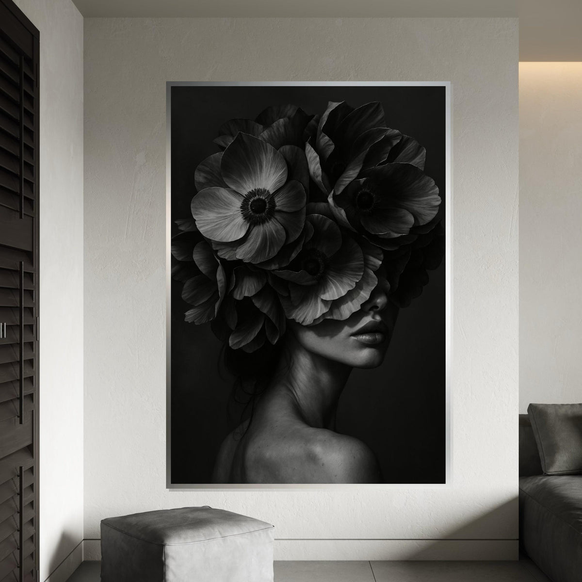 Floral Elegance Canvas, Woman with Flowers Art, Monochrome Floral Wall Art, Canvas Design, Ready To Hang Decoration
