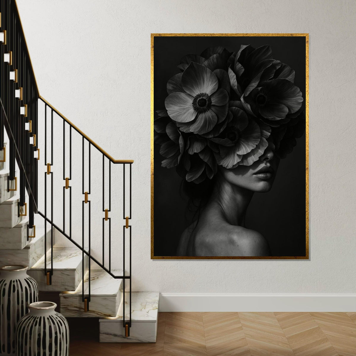 Floral Elegance Canvas, Woman with Flowers Art, Monochrome Floral Wall Art, Canvas Design, Ready To Hang Decoration