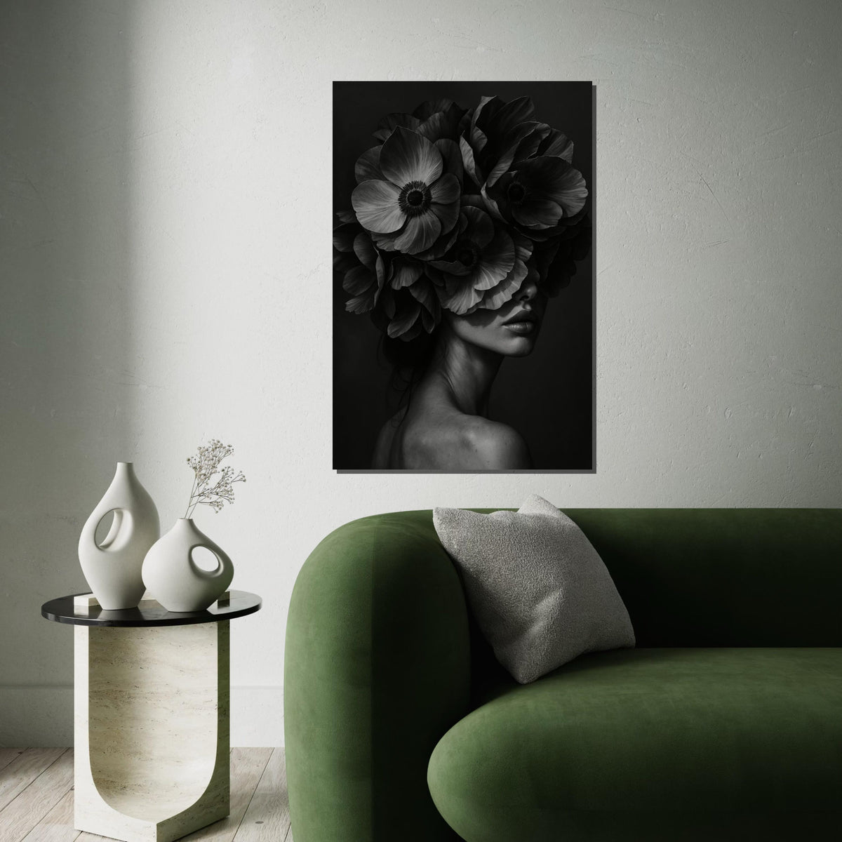 Floral Elegance Canvas, Woman with Flowers Art, Monochrome Floral Wall Art, Canvas Design, Ready To Hang Decoration