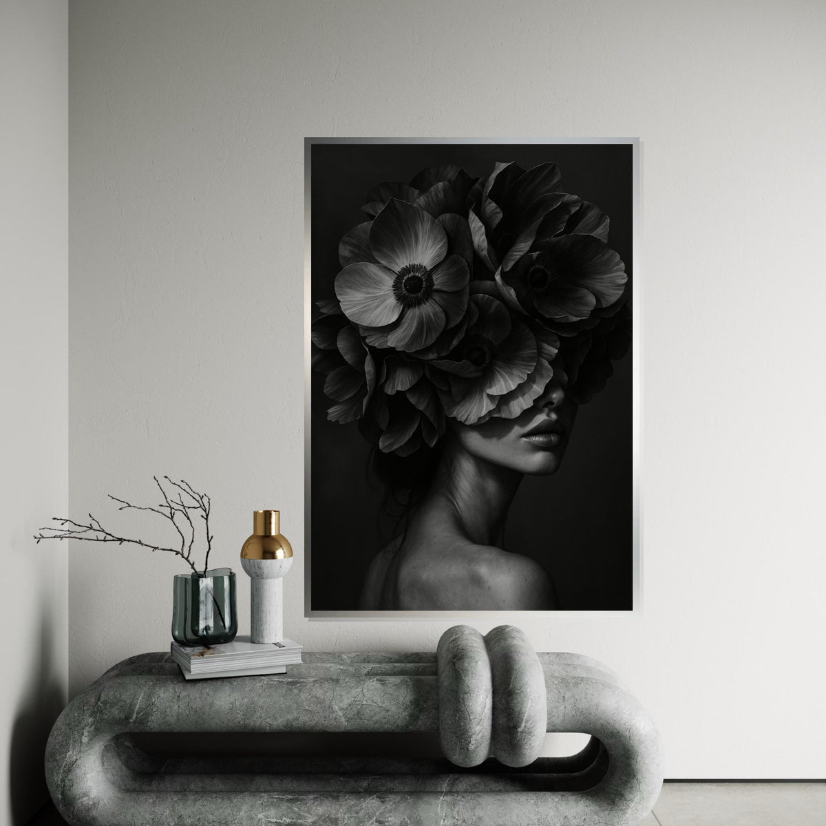 Floral Elegance Canvas, Woman with Flowers Art, Monochrome Floral Wall Art, Canvas Design, Ready To Hang Decoration