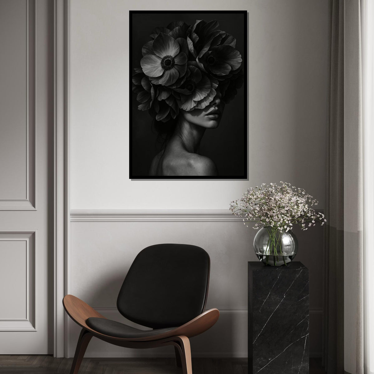 Floral Elegance Canvas, Woman with Flowers Art, Monochrome Floral Wall Art, Canvas Design, Ready To Hang Decoration