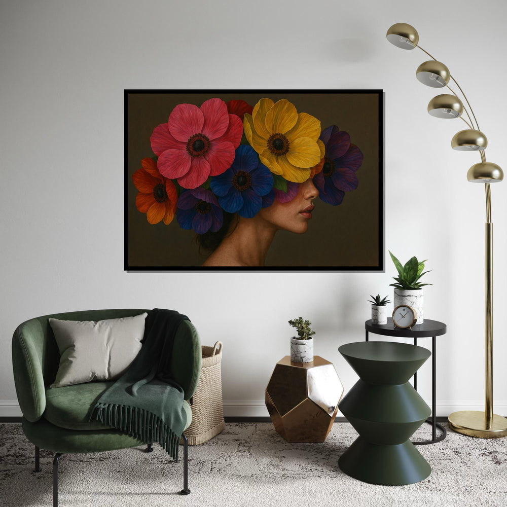 Floral Beauty Canvas, Woman with Flowers, Colorful Floral Art, Wall Art Canvas Design, Ready to Hang Decoration, Artistic Portrait Print