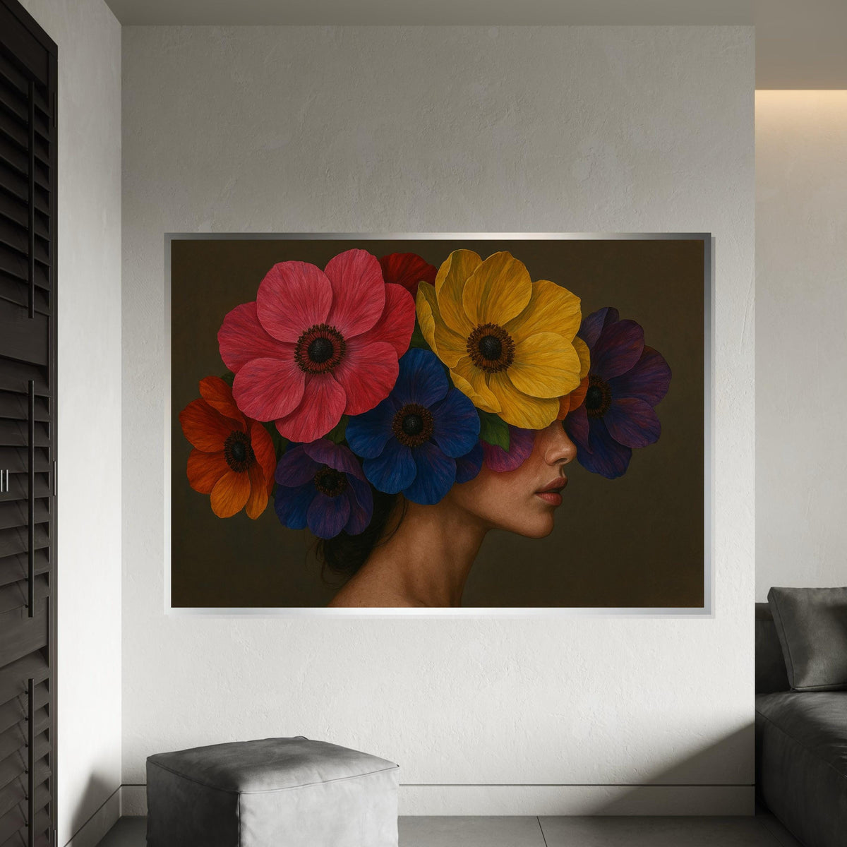 Floral Beauty Canvas, Woman with Flowers, Colorful Floral Art, Wall Art Canvas Design, Ready to Hang Decoration, Artistic Portrait Print