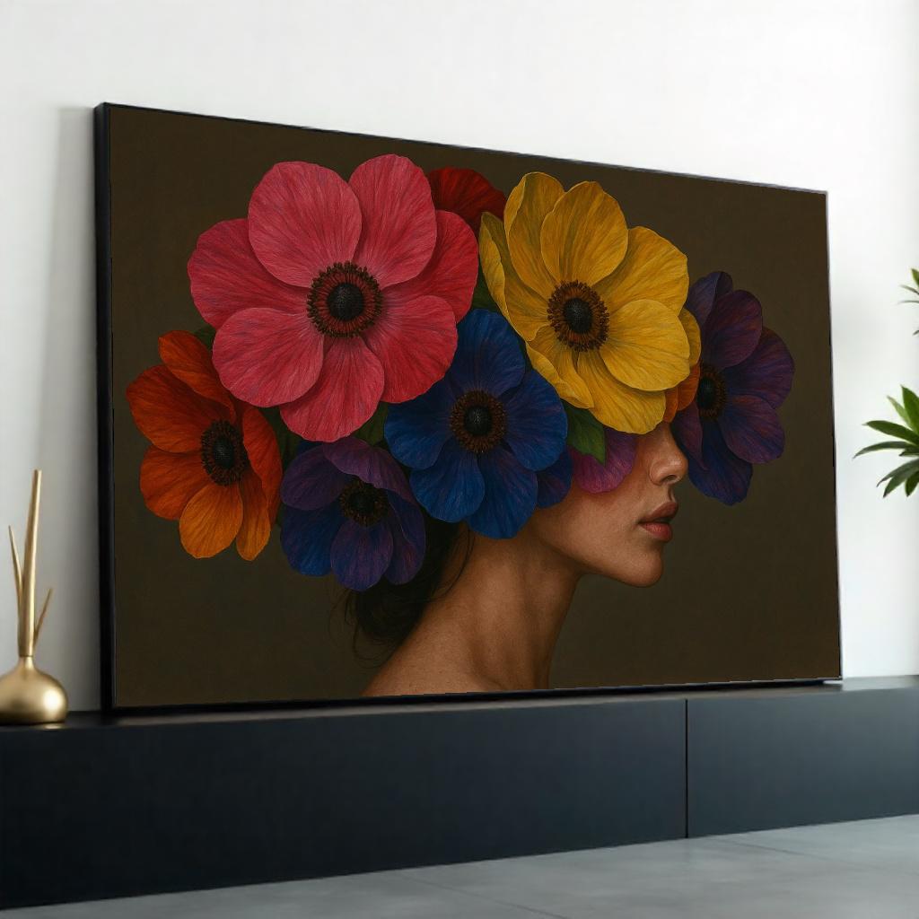 Floral Beauty Canvas, Woman with Flowers, Colorful Floral Art, Wall Art Canvas Design, Ready to Hang Decoration, Artistic Portrait Print