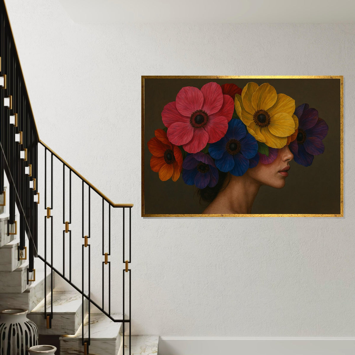 Floral Beauty Canvas, Woman with Flowers, Colorful Floral Art, Wall Art Canvas Design, Ready to Hang Decoration, Artistic Portrait Print