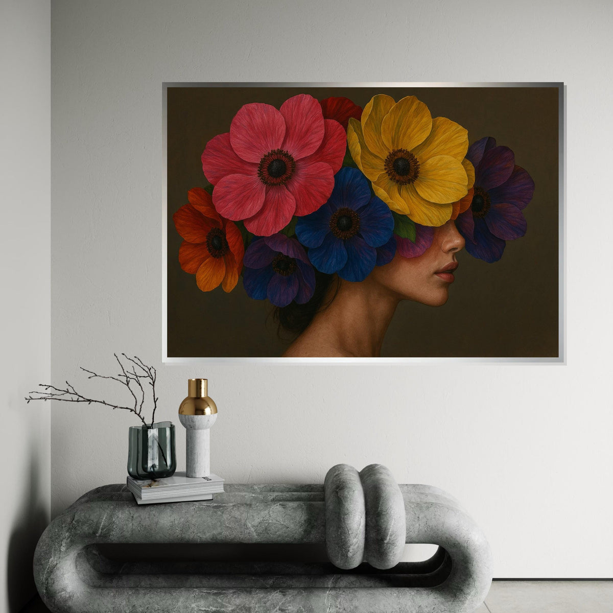 Floral Beauty Canvas, Woman with Flowers, Colorful Floral Art, Wall Art Canvas Design, Ready to Hang Decoration, Artistic Portrait Print