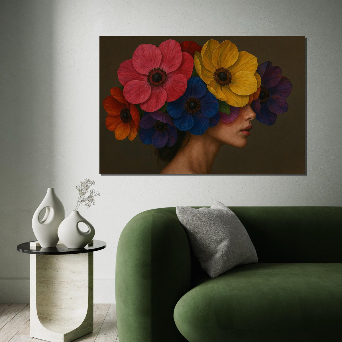 Floral Beauty Canvas, Woman with Flowers, Colorful Floral Art, Wall Art Canvas Design, Ready to Hang Decoration, Artistic Portrait Print