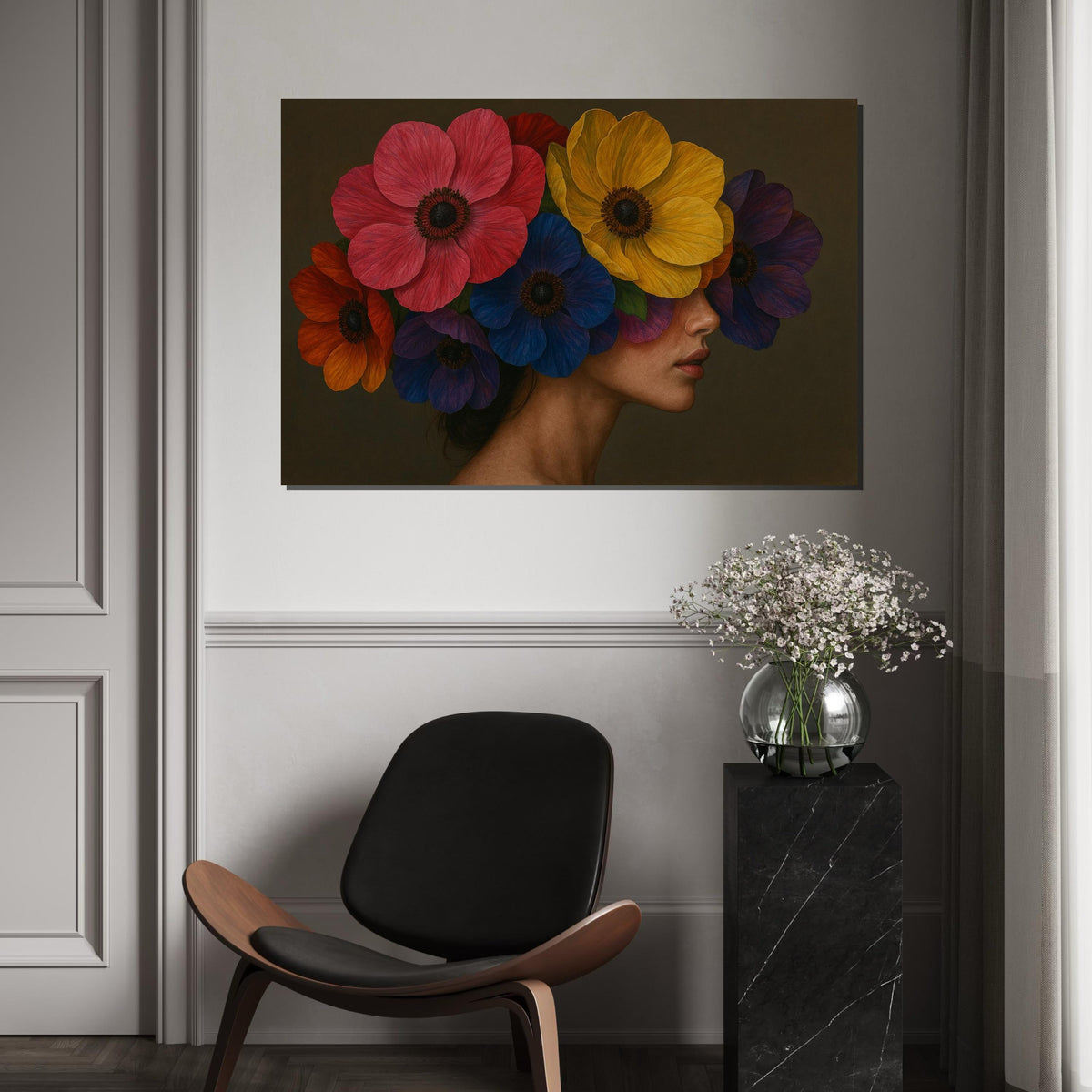 Floral Beauty Canvas, Woman with Flowers, Colorful Floral Art, Wall Art Canvas Design, Ready to Hang Decoration, Artistic Portrait Print