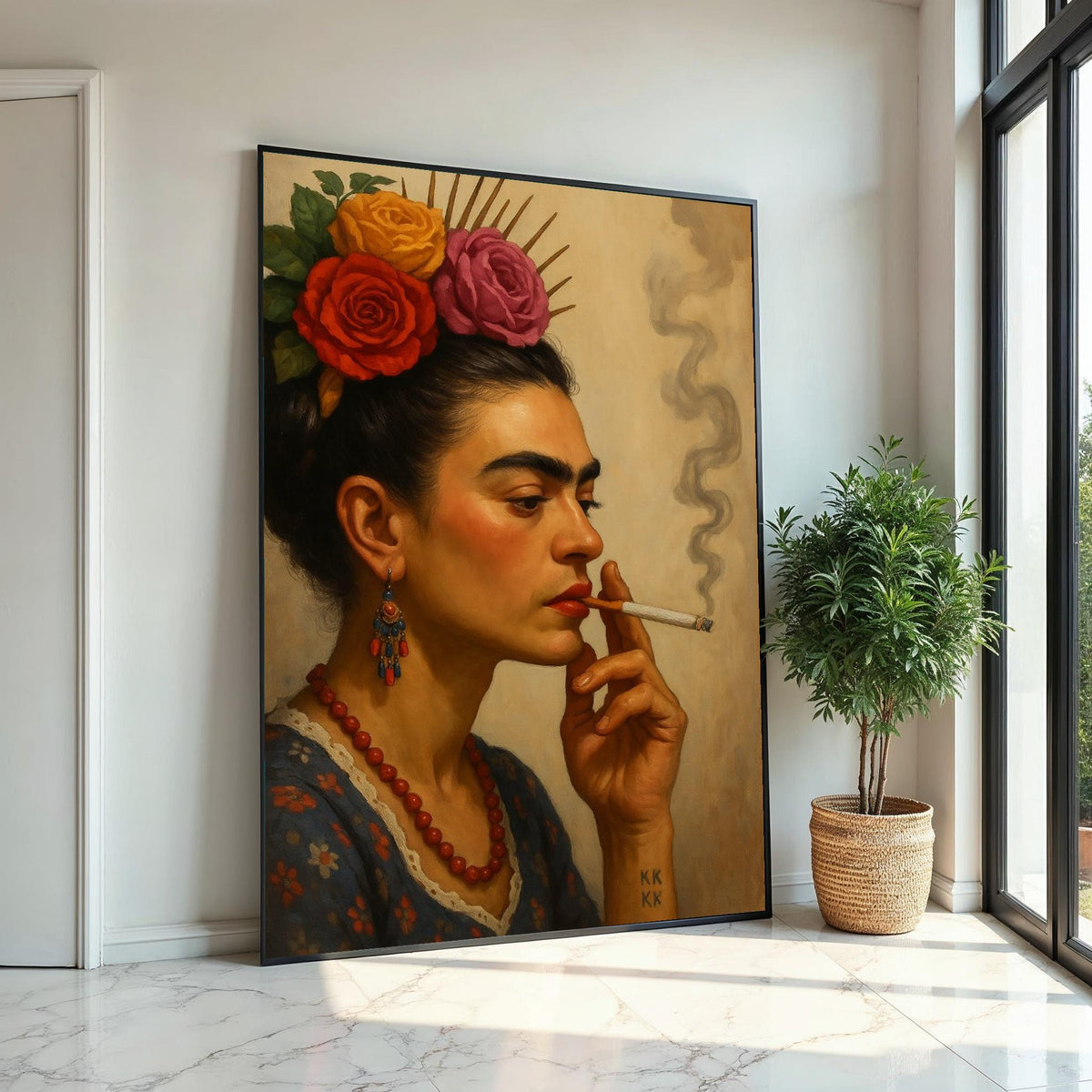 Floral Portrait Canvas, Woman with Flowers Painting, Vintage Smoking Art, Wall Art Canvas Design, Ready to Hang Home Decor