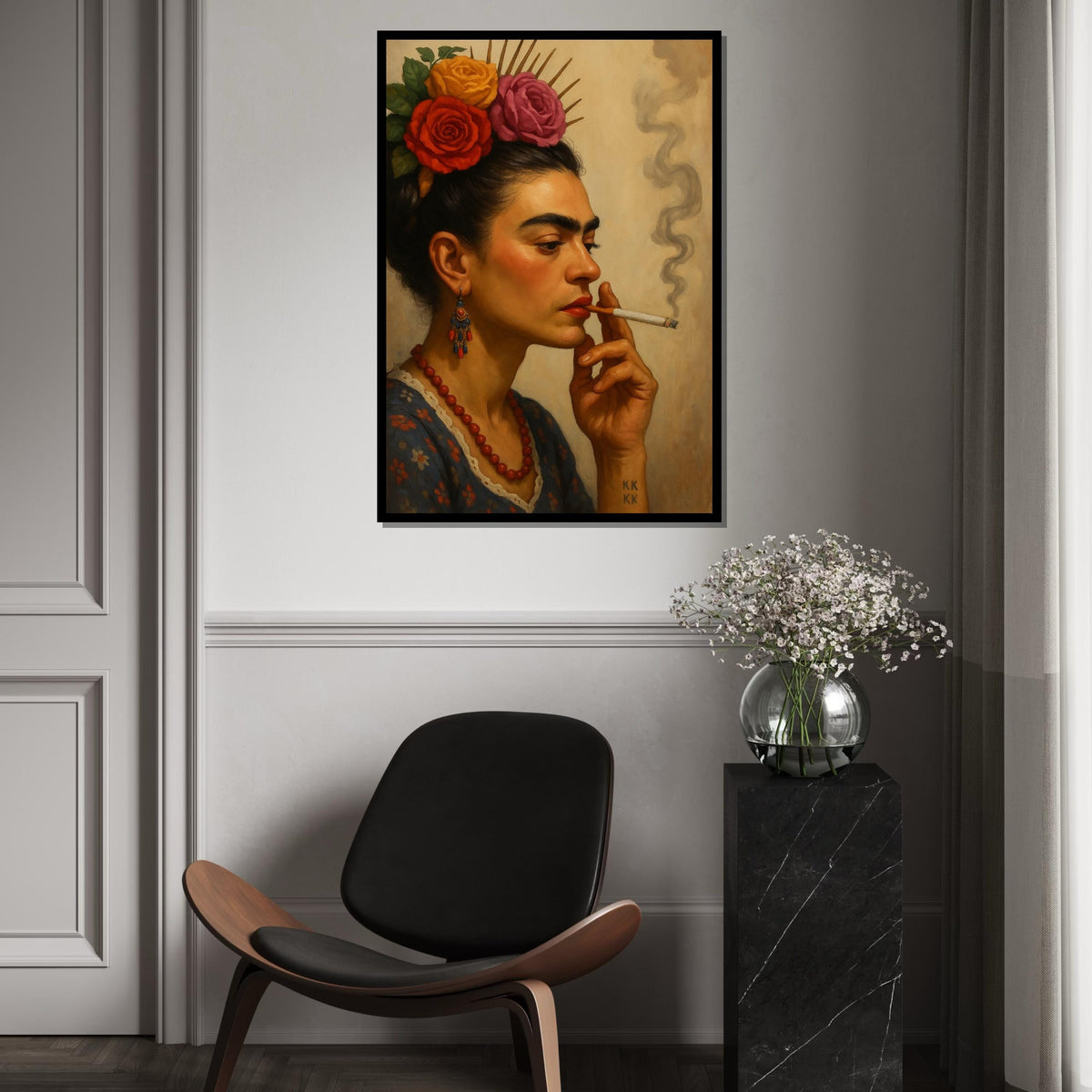 Floral Portrait Canvas, Woman with Flowers Painting, Vintage Smoking Art, Wall Art Canvas Design, Ready to Hang Home Decor