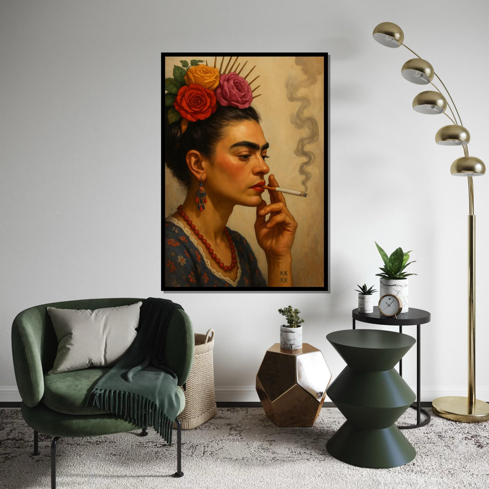 Frida Kahlo Art,Floral Portrait Canvas, Woman with Flowers Painting, Vintage Smoking Art, Wall Art Canvas Design, Ready to Hang Home Decor