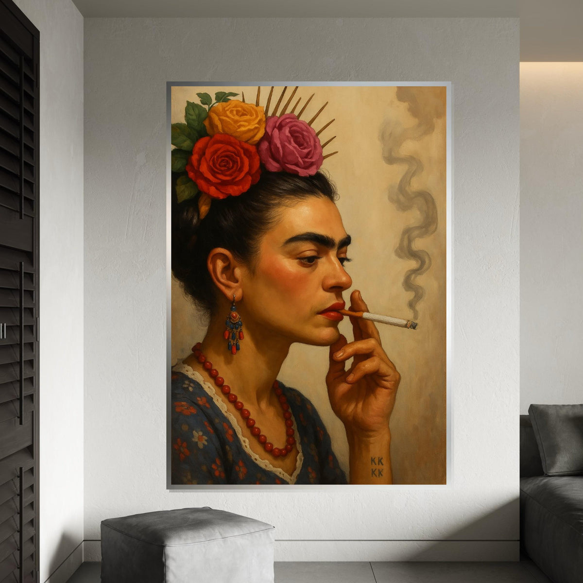 Floral Portrait Canvas, Woman with Flowers Painting, Vintage Smoking Art, Wall Art Canvas Design, Ready to Hang Home Decor