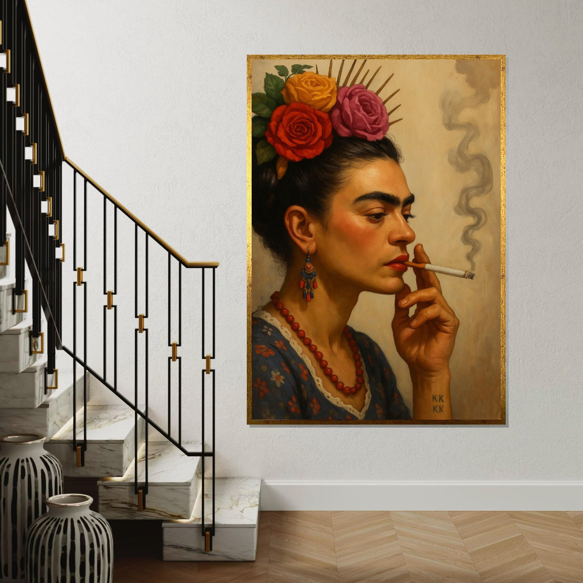 Floral Portrait Canvas, Woman with Flowers Painting, Vintage Smoking Art, Wall Art Canvas Design, Ready to Hang Home Decor