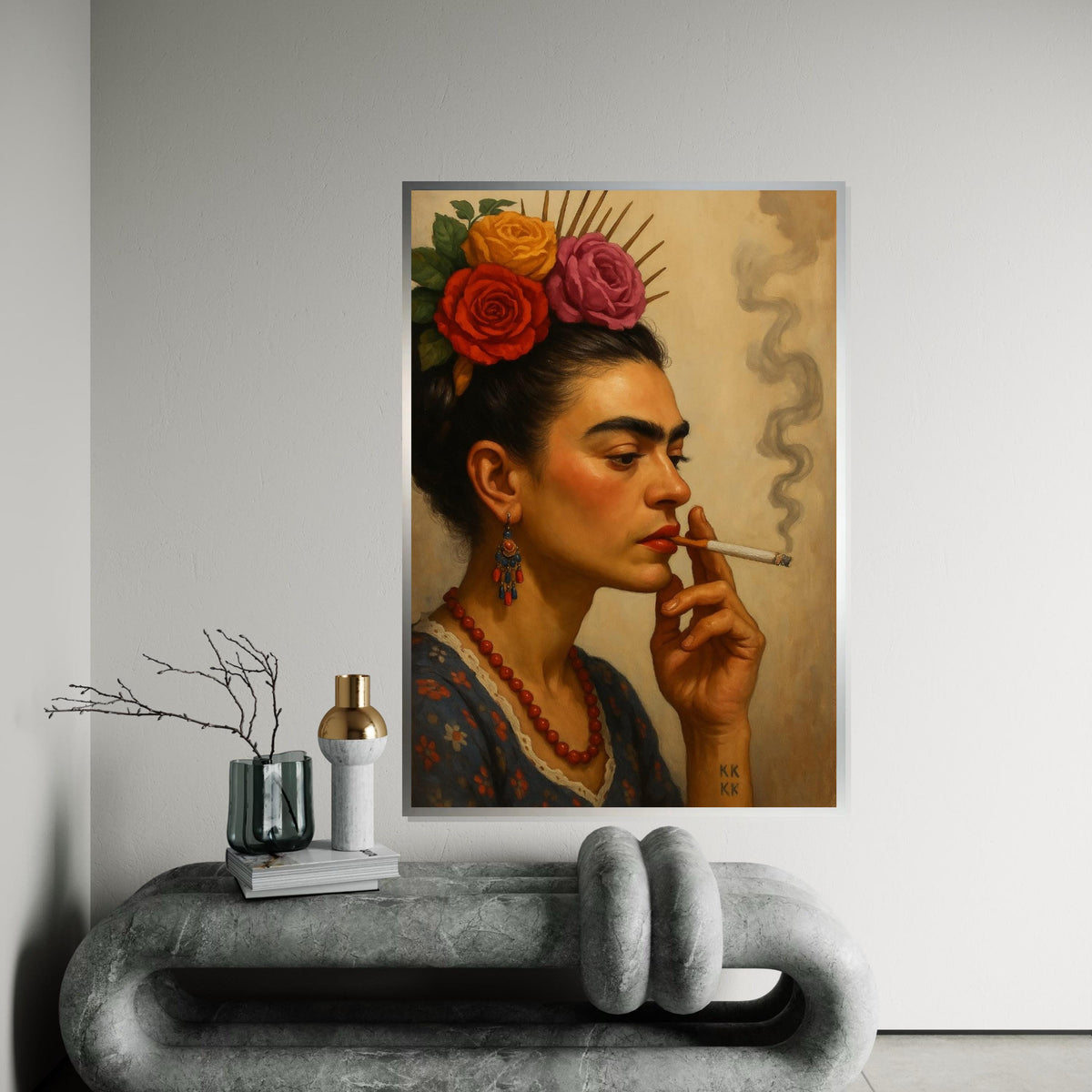 Floral Portrait Canvas, Woman with Flowers Painting, Vintage Smoking Art, Wall Art Canvas Design, Ready to Hang Home Decor