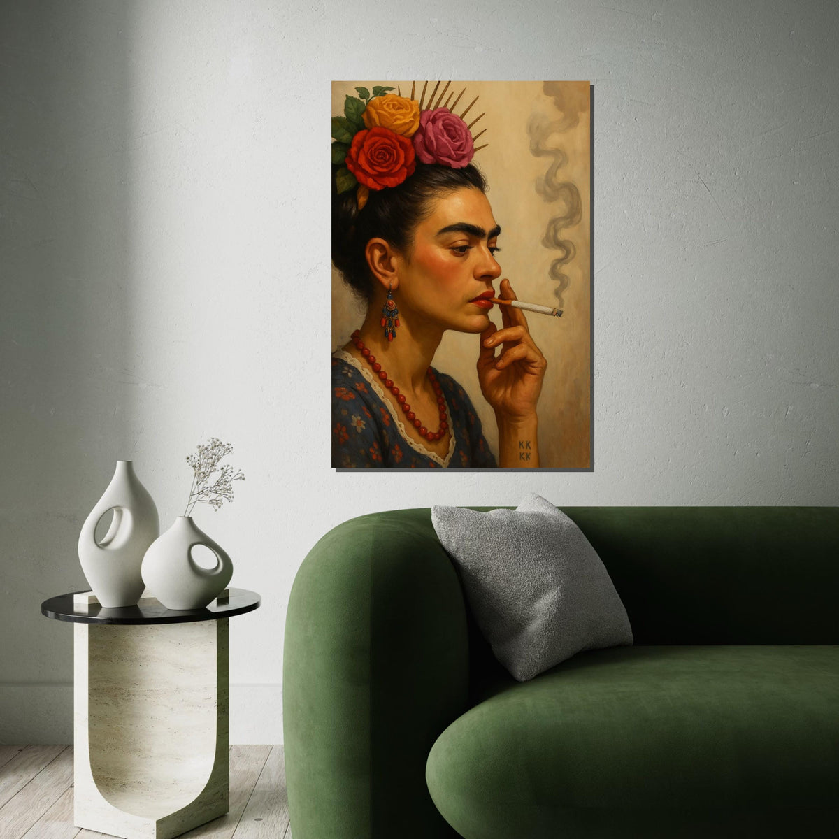 Floral Portrait Canvas, Woman with Flowers Painting, Vintage Smoking Art, Wall Art Canvas Design, Ready to Hang Home Decor