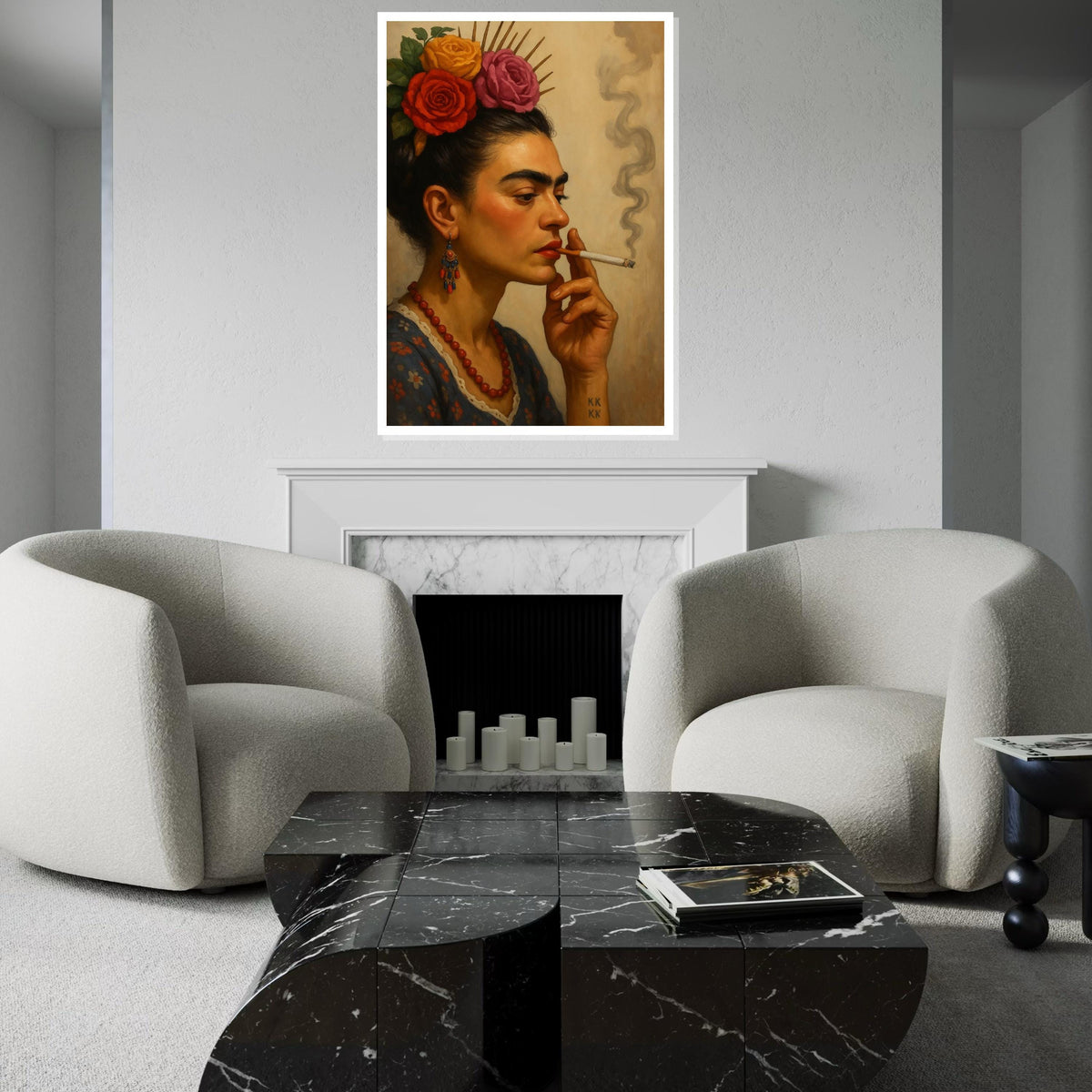 Floral Portrait Canvas, Woman with Flowers Painting, Vintage Smoking Art, Wall Art Canvas Design, Ready to Hang Home Decor