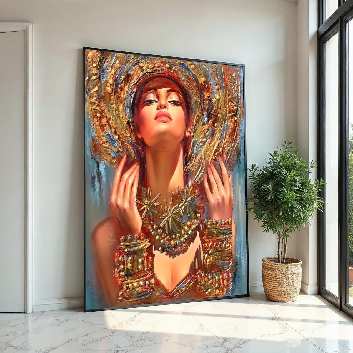 Regal Woman Canvas, Gold Adorned Portrait Art, Abstract Beauty Wall Art, Canvas Design, Vibrant Wall Décor, Ready To Hang Decoration
