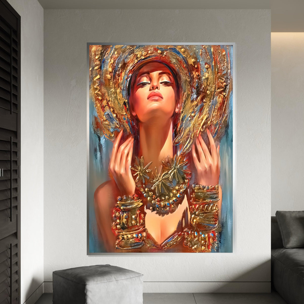 Regal Woman Canvas, Gold Adorned Portrait Art, Abstract Beauty Wall Art, Canvas Design, Vibrant Wall Décor, Ready To Hang Decoration