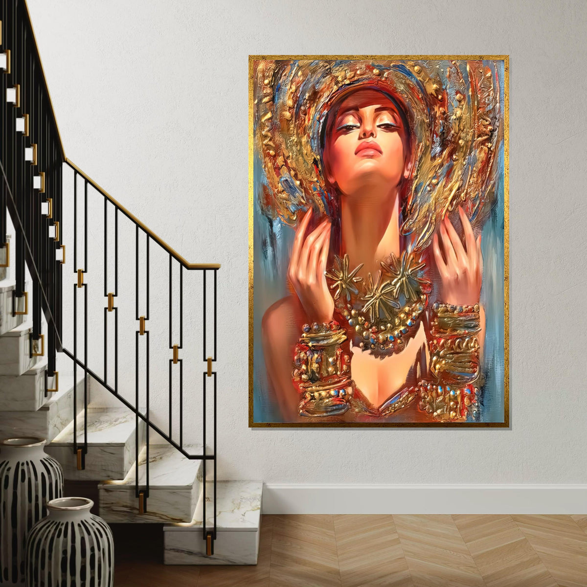 Regal Woman Canvas, Gold Adorned Portrait Art, Abstract Beauty Wall Art, Canvas Design, Vibrant Wall Décor, Ready To Hang Decoration