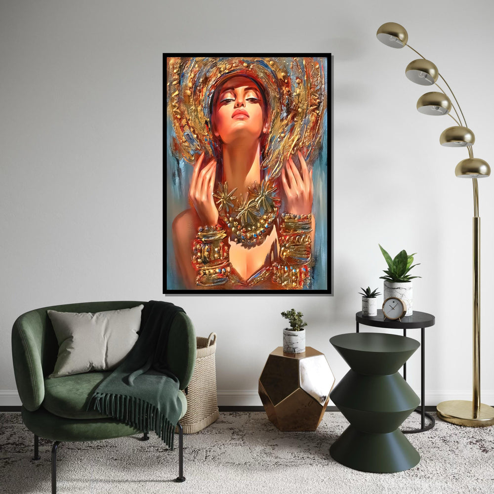 Regal Woman Canvas, Gold Adorned Portrait Art, Abstract Beauty Wall Art, Canvas Design, Vibrant Wall Décor, Ready To Hang Decoration