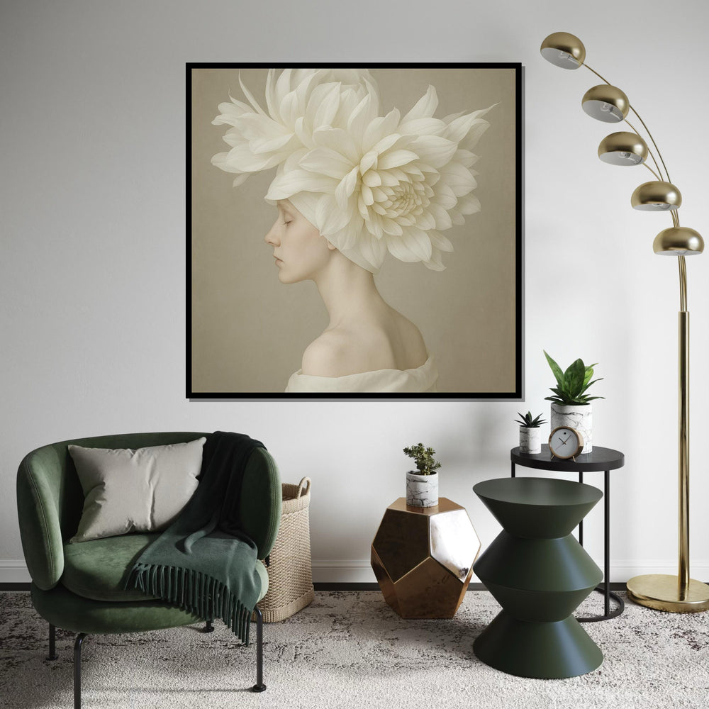 Ethereal Blossom Woman Canvas, Floral Headpiece Art, Elegant Portrait Wall Art, Flower Canvas Design, Ready to Hang Decoration