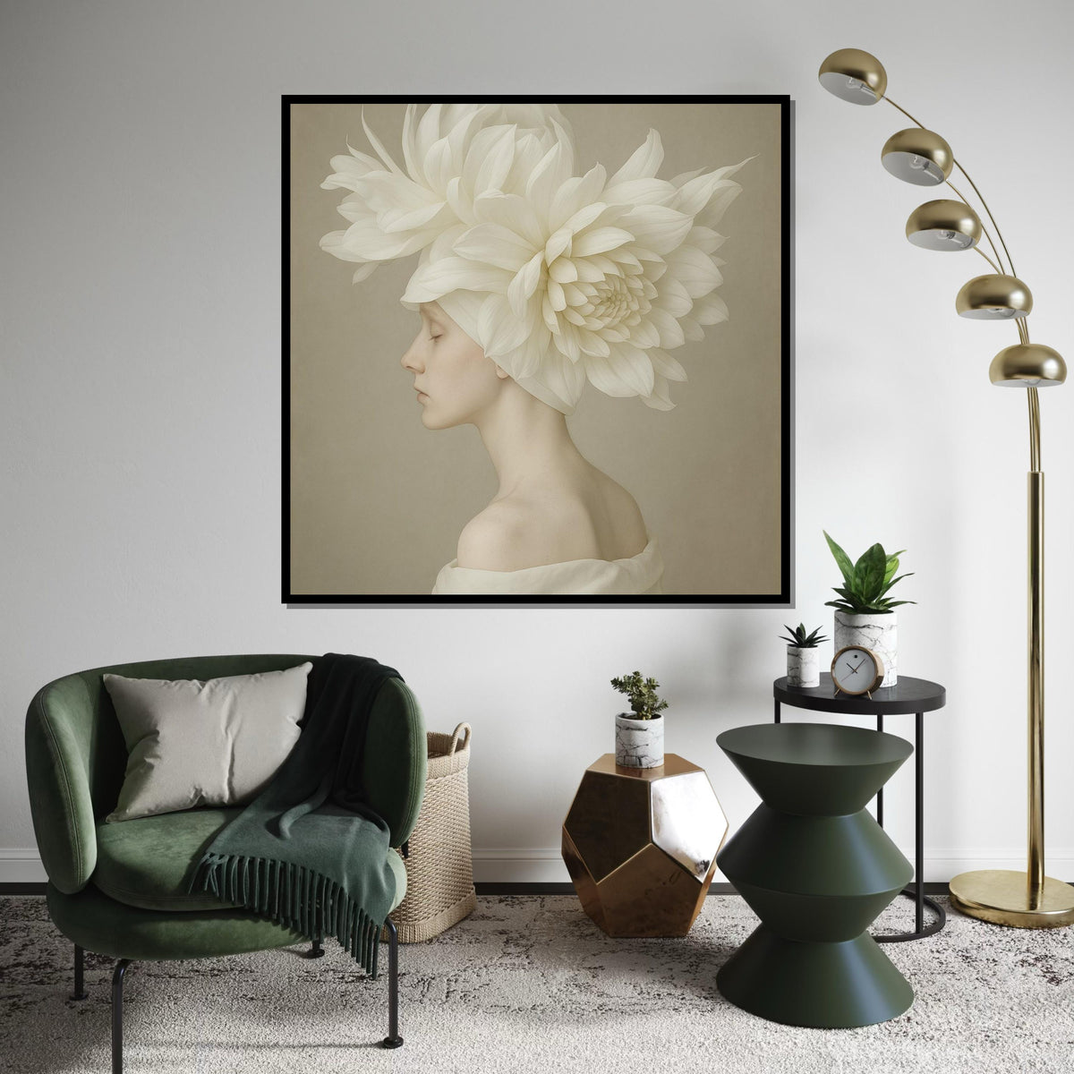 Ethereal Blossom Woman Canvas, Floral Headpiece Art, Elegant Portrait Wall Art, Flower Canvas Design, Ready to Hang Decoration