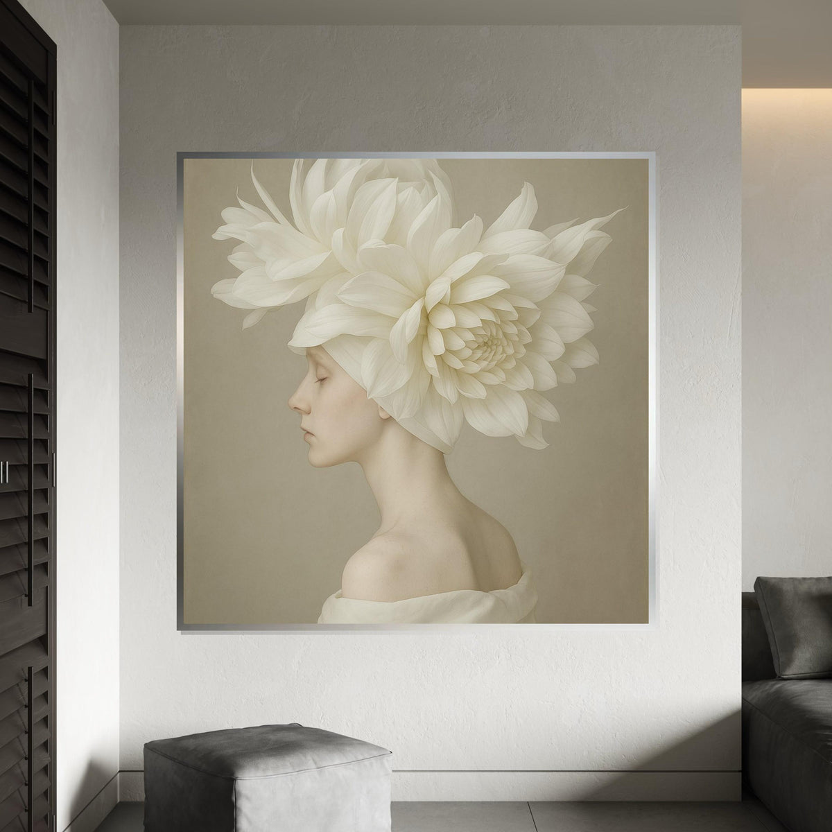 Ethereal Blossom Woman Canvas, Floral Headpiece Art, Elegant Portrait Wall Art, Flower Canvas Design, Ready to Hang Decoration