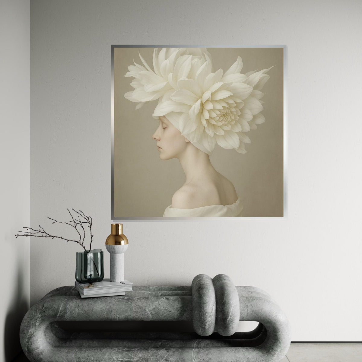 Ethereal Blossom Woman Canvas, Floral Headpiece Art, Elegant Portrait Wall Art, Flower Canvas Design, Ready to Hang Decoration