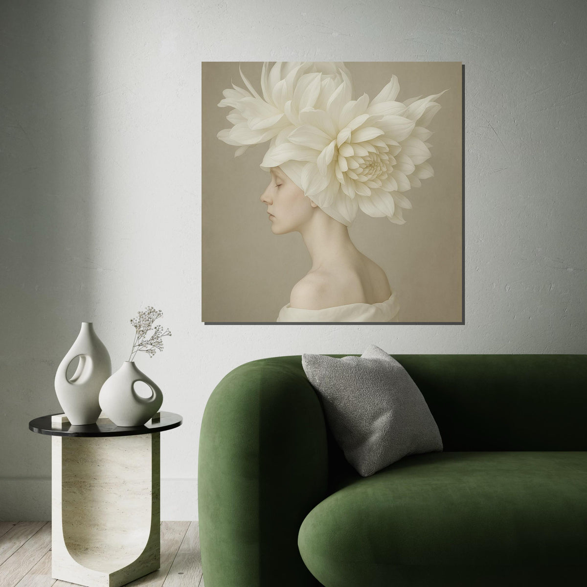 Ethereal Blossom Woman Canvas, Floral Headpiece Art, Elegant Portrait Wall Art, Flower Canvas Design, Ready to Hang Decoration