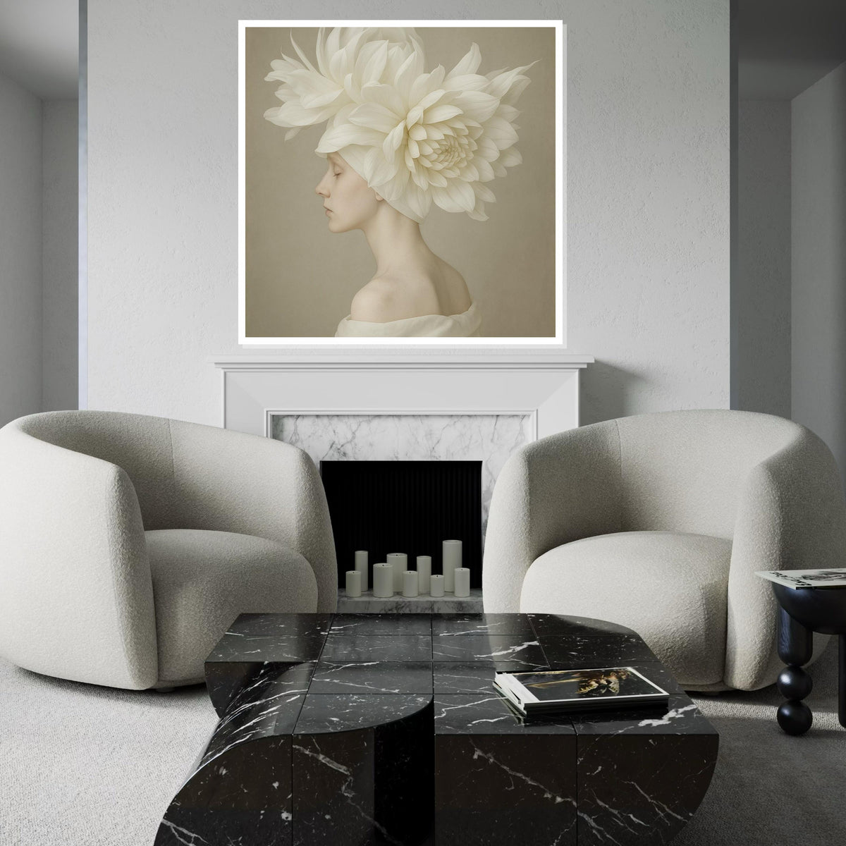 Ethereal Blossom Woman Canvas, Floral Headpiece Art, Elegant Portrait Wall Art, Flower Canvas Design, Ready to Hang Decoration