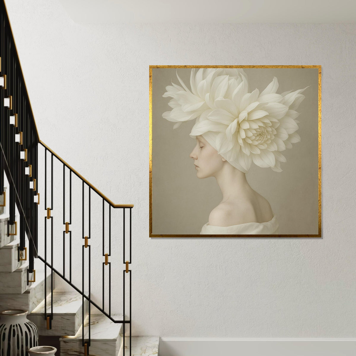 Ethereal Blossom Woman Canvas, Floral Headpiece Art, Elegant Portrait Wall Art, Flower Canvas Design, Ready to Hang Decoration