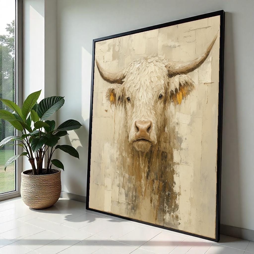 Rugged Highland Cow Canvas, Bull Wall Art, Animal Portrait, Rustic Wall Decor, Art Canvas Design, Ready to Hang, Rustic Animal Canvas