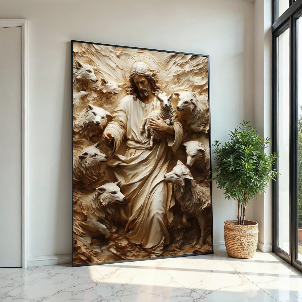 Divine Shepherd Canvas, Jesus with Lamb and Wolves Art, Spiritual Wall Art, Canvas Design, Ready To Hang Religious Decoration