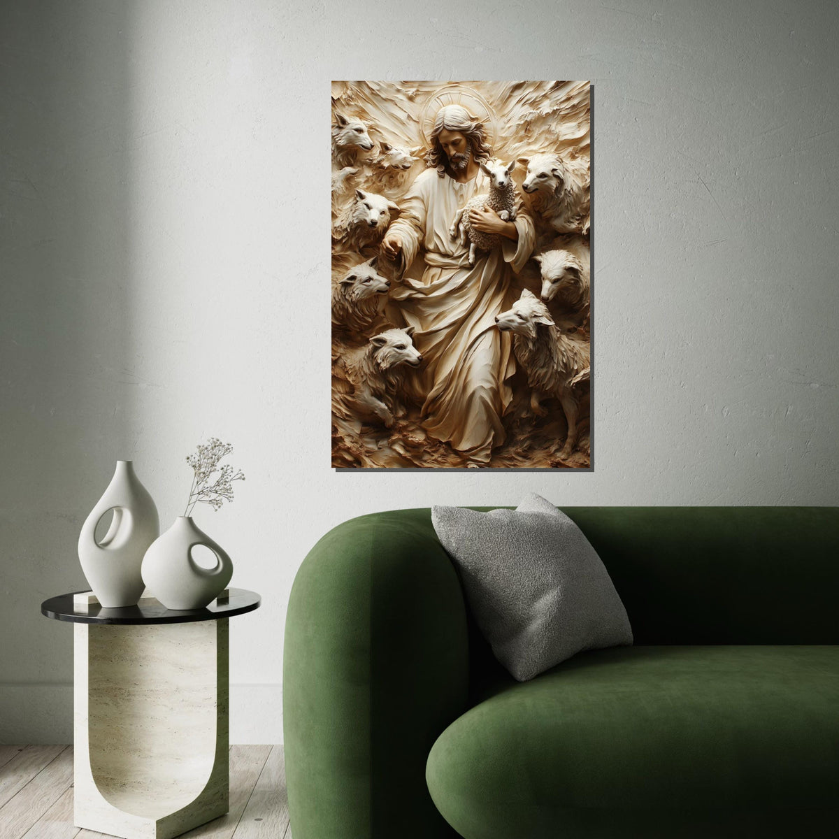 Divine Shepherd Canvas, Jesus with Lamb and Wolves Art, Spiritual Wall Art, Canvas Design, Ready To Hang Religious Decoration